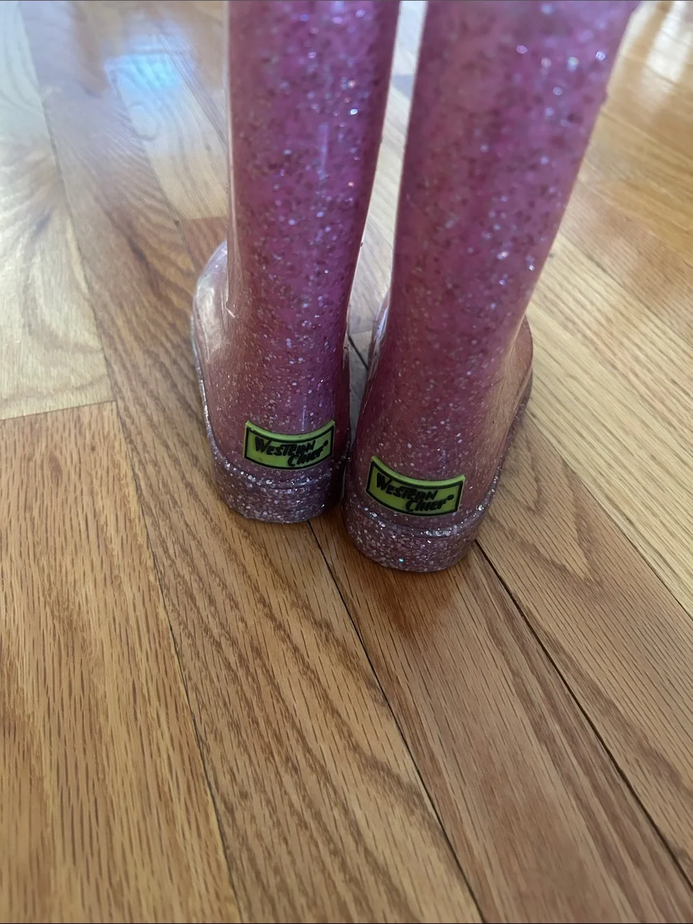 Western Chief Sparkly Pink Glitter Kids Rain Boots with Heart Handles Sz 9